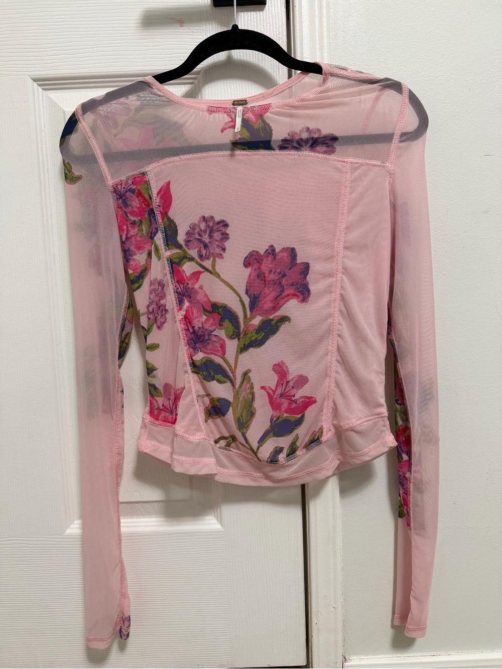 Free People Pink Floral Mesh Long Sleeve Top